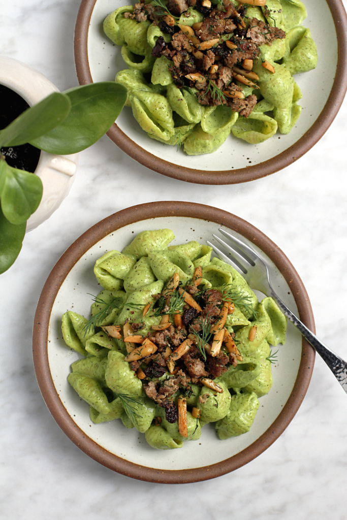 Image of spiced lamb and dill yogurt pasta.