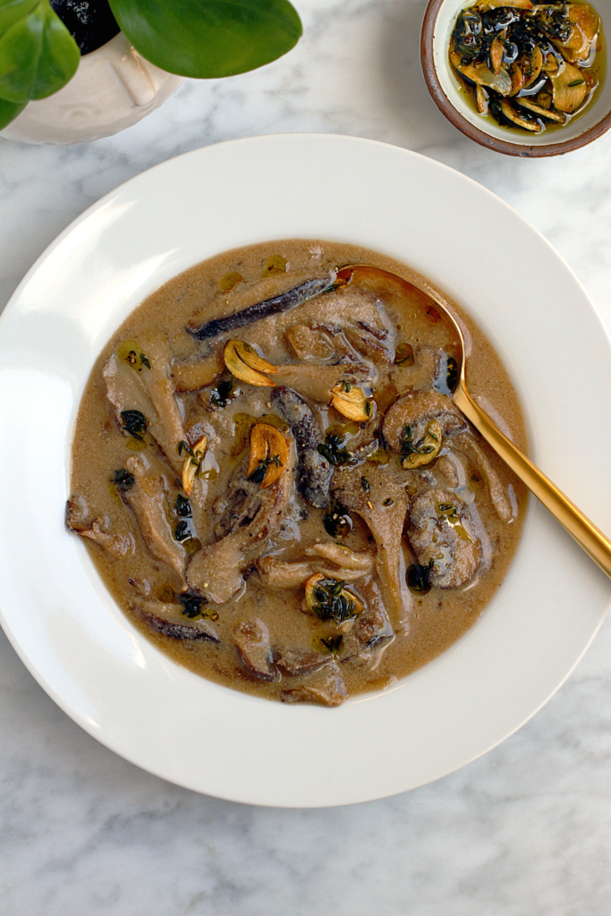 Close-up image of vegan creamy mushroom soup.