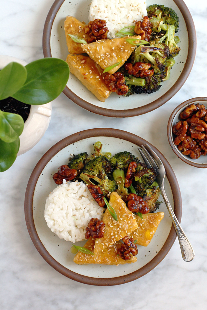 Image of honey walnut tofu with sesame roasted broccoli.