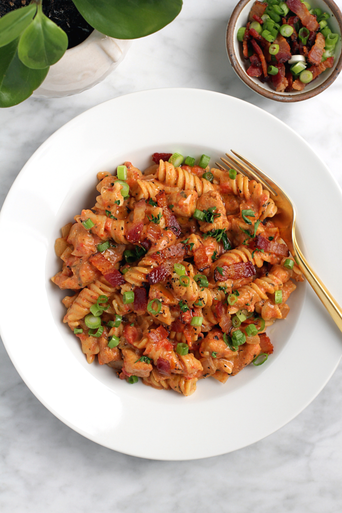 Close-up image of one-pot creamy Cajun chicken pasta.