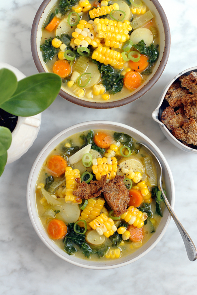 Image of vegan corn and kale chowder.