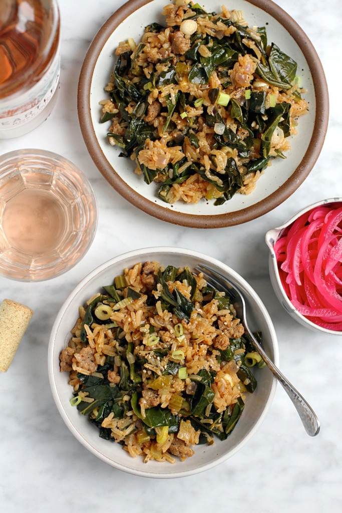 Image of dirty rice with collard greens.