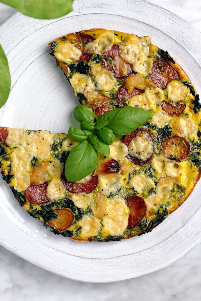 Close-up image of kale and potato frittata.