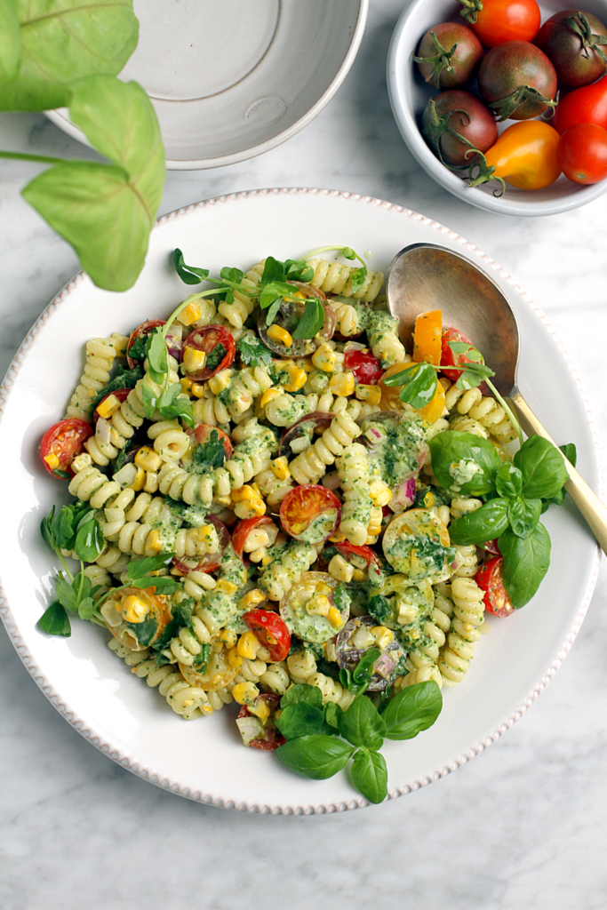 Image of summer pasta salad with creamy cilantro dressing.