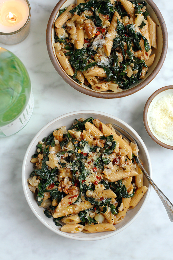 Image of charred cauliflower and kale pasta.