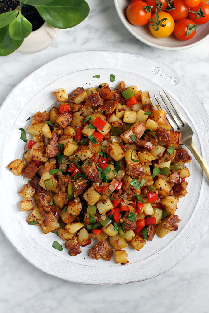 Image of vegan breakfast sausage hash.