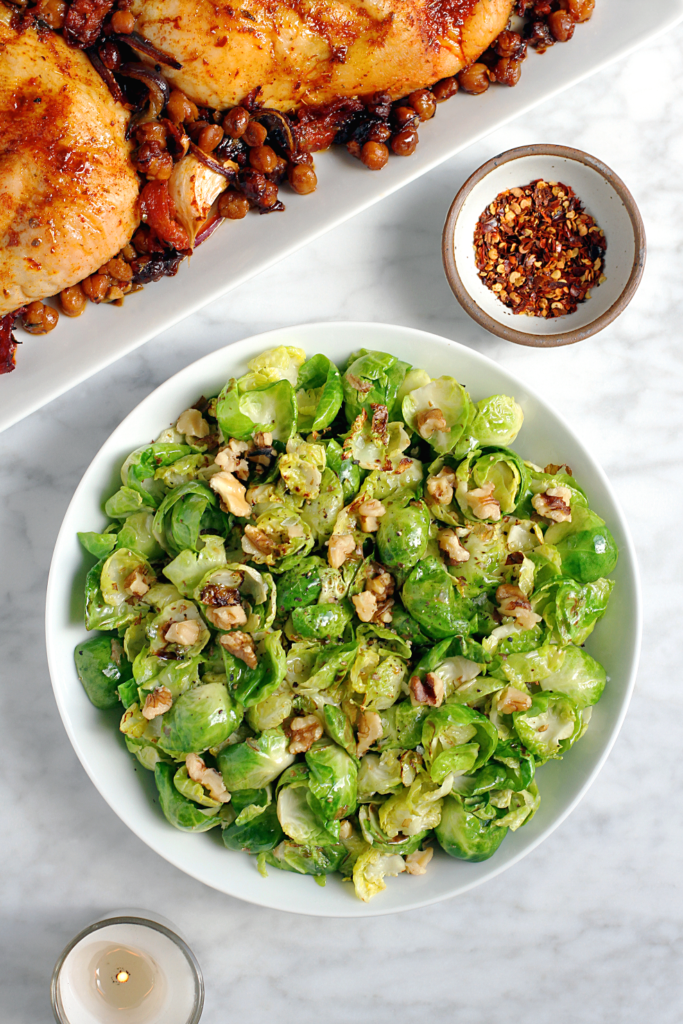Image of sautéed Brussels sprouts with sesame oil. 