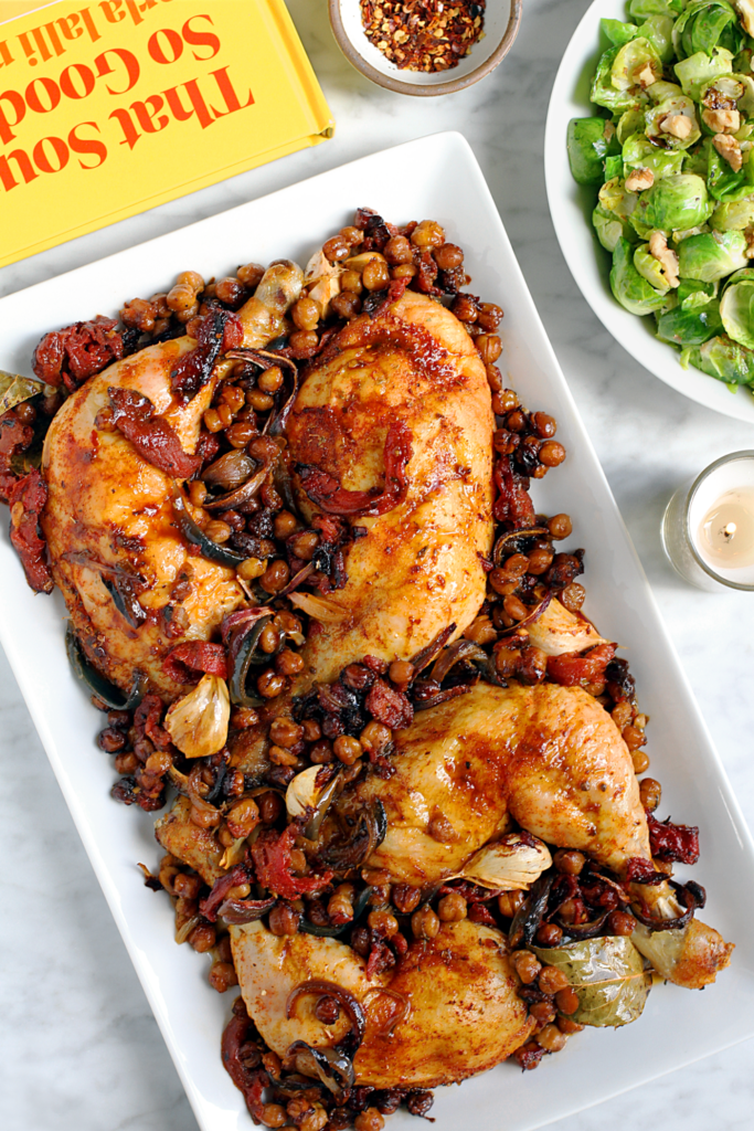 Image of sheet pan chicken with tomatoes and chickpeas.