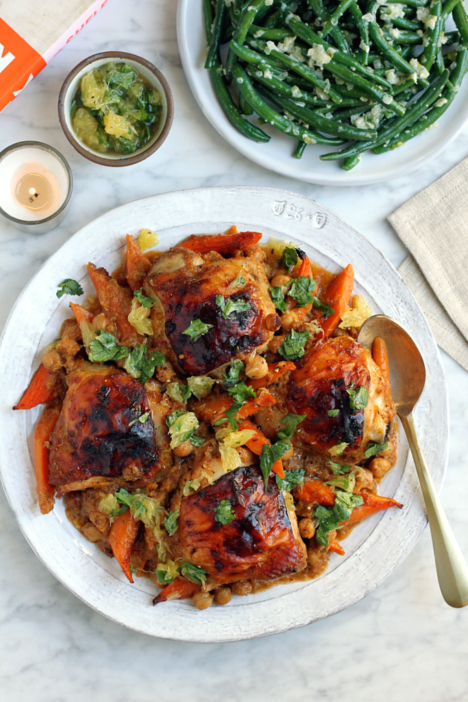 Image of berbere spiced chicken, carrots and chickpeas.