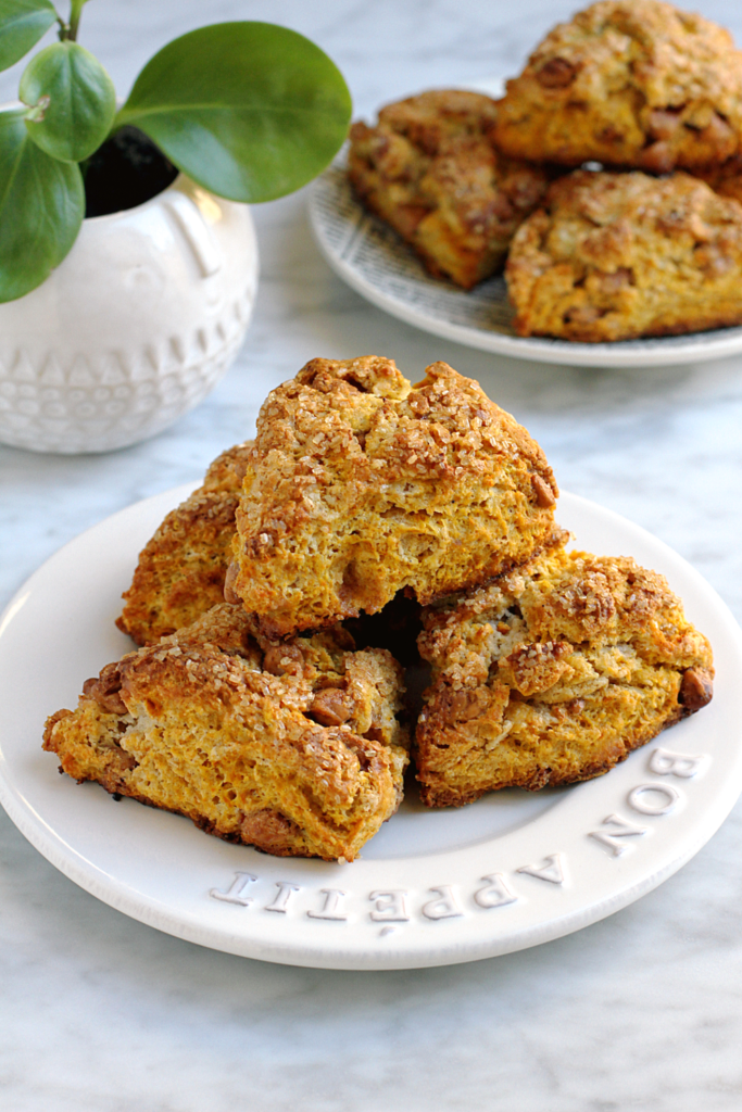 Image of pumpkin scones with sea salt caramel chips.