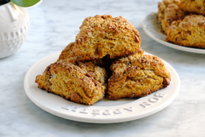 Close-up image of pumpkin scones with sea salt caramel chips.