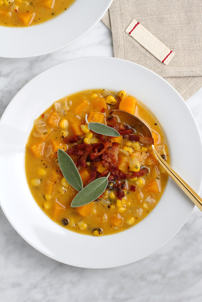 Close-up image of butternut squash and corn chowder.