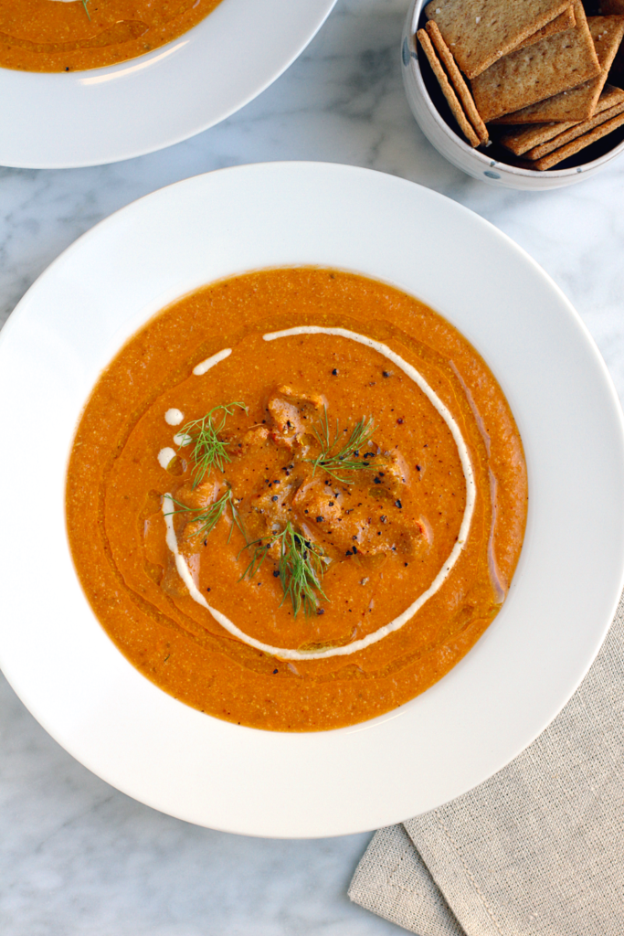 Close-up image of lobster mushroom bisque.