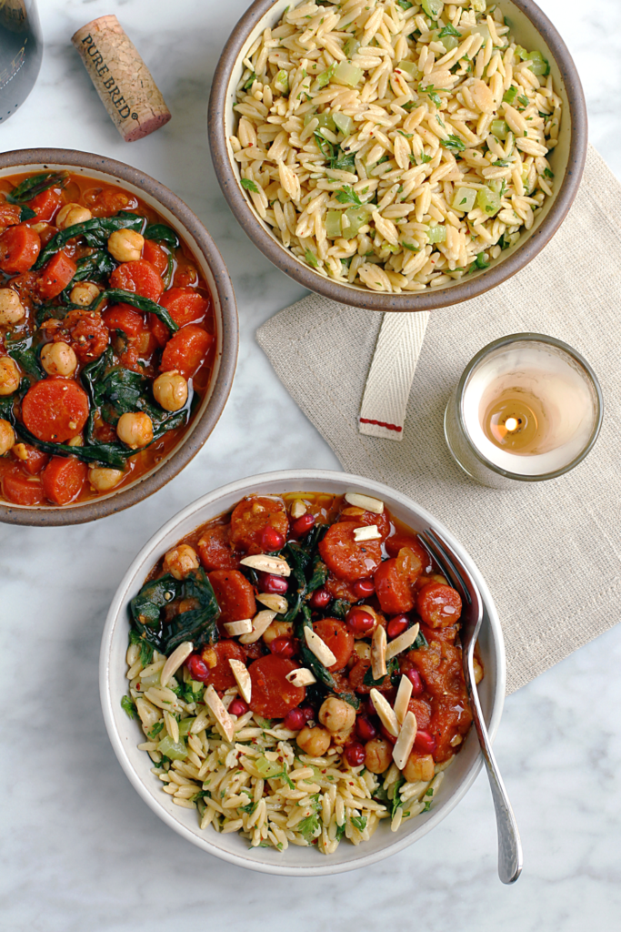 Image of Moroccan spiced carrot and chickpea stew with chickpea rice pilaf.