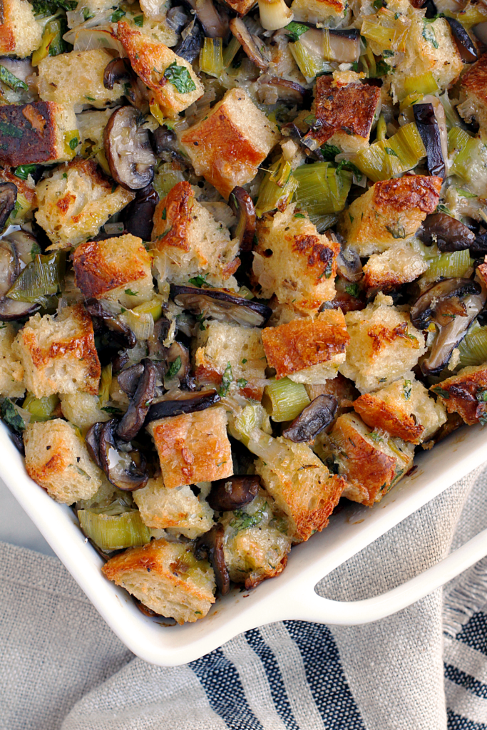 Close-up image of leek and mushroom stuffing.