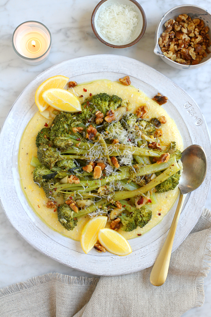 Image of baked polenta with floppy broccoli.