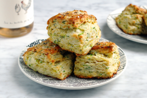 Close-up image of cheddar and zucchini biscuits.