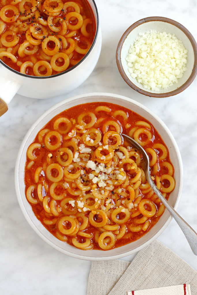Close-up image of homemade SpaghettiOs.