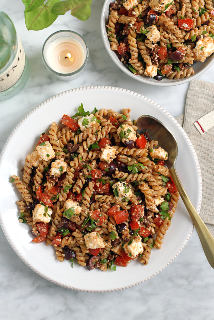 Image of tomato and feta pasta salad.