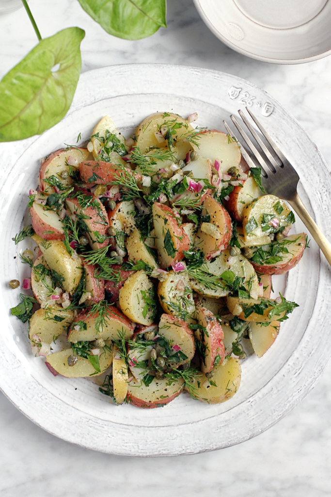 Image of Mediterranean-style mustard potato salad from the top.