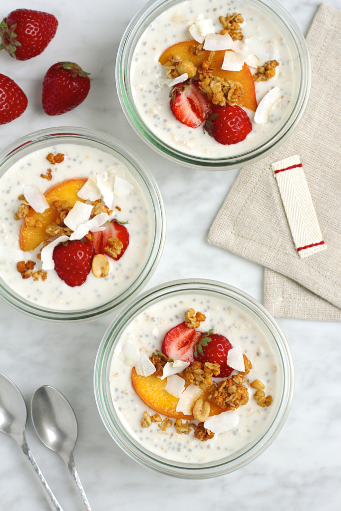 Image of overnight oatmeal with chia seeds from the top.