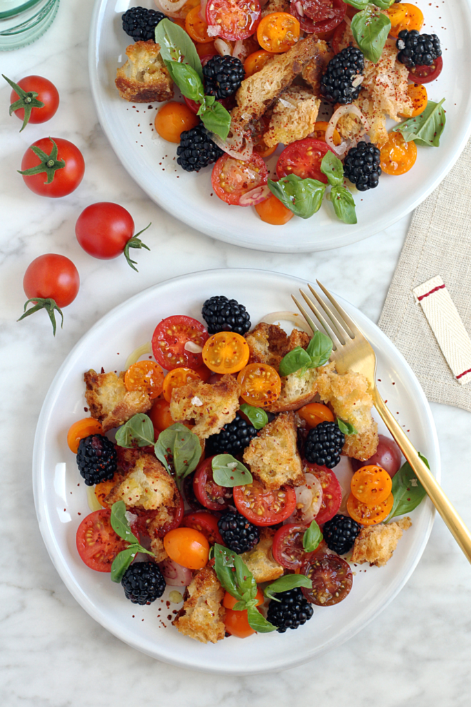 Image of pickled blackberry and shallot panzanella.