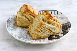 Close-up image of beer and Manchego cheese biscuits.