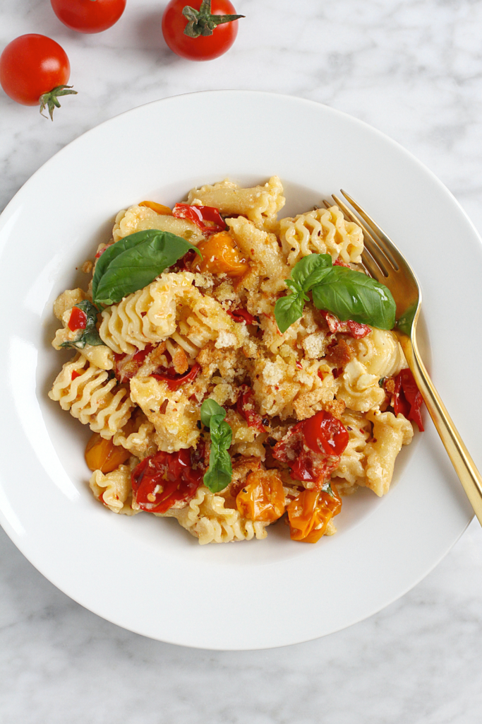 Close-up image of zesty baked feta pasta.