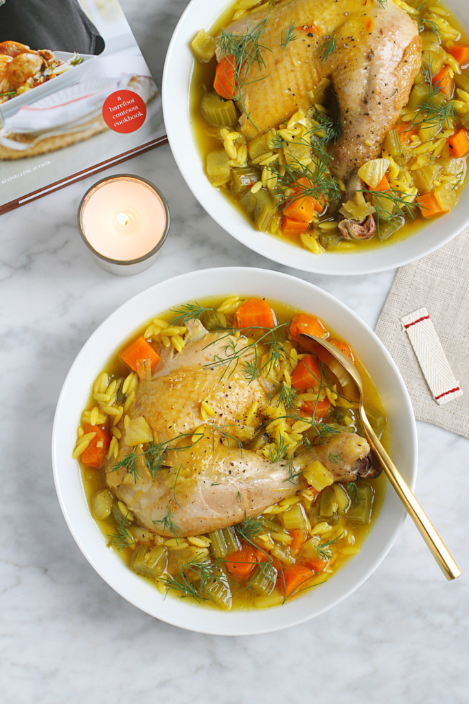 Image of chicken in a pot with orzo.