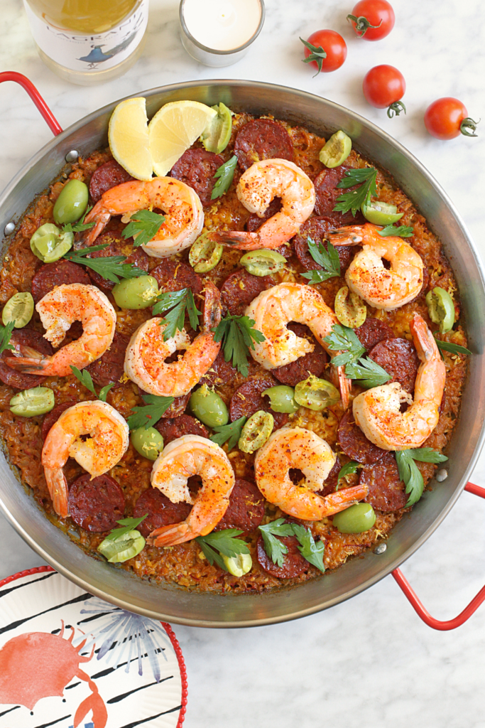 Image of chorizo and shrimp paella.