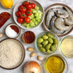 Image of ingredients for chorizo and shrimp paella.