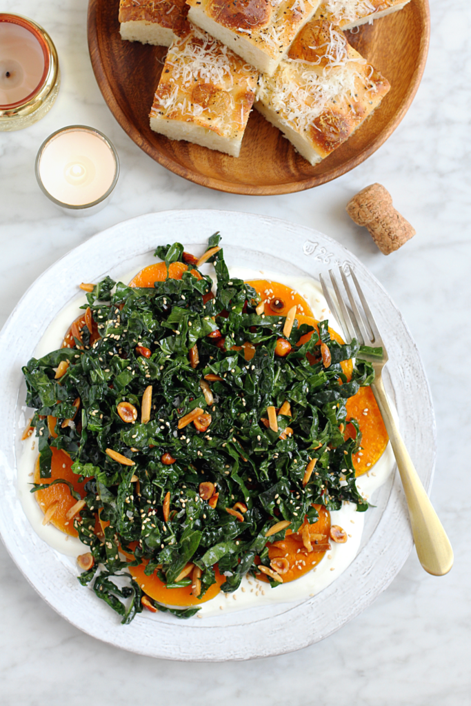 Image of roasted squash with kale and yogurt.