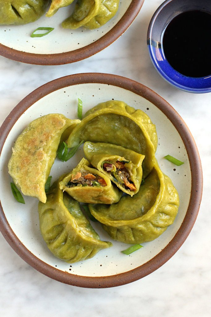 Close-up image of vegetable potstickers.