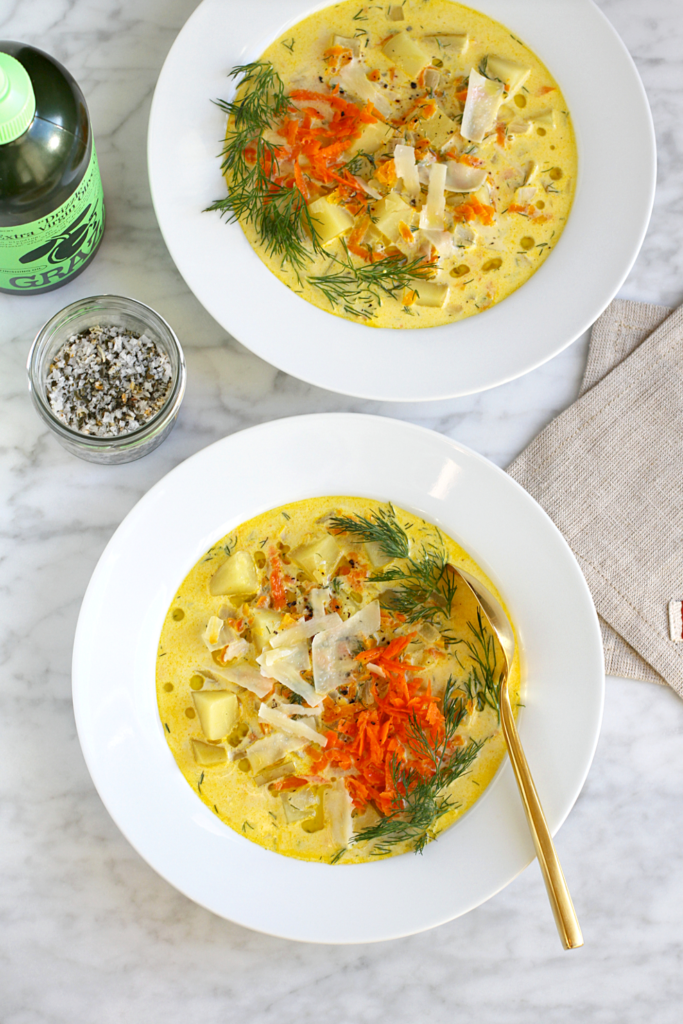 Image of creamy potato and dill soup.