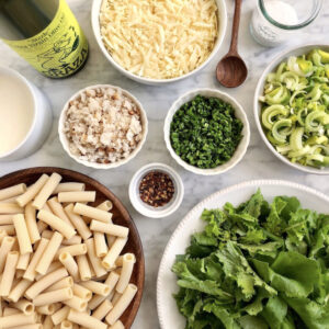 Image of ingredients for baked pasta with cheddar and broccoli rabe.