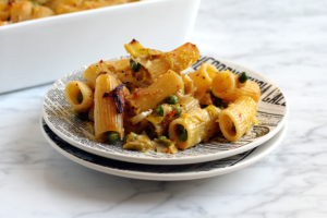 Image of baked pasta with leeks and anchovy cream.