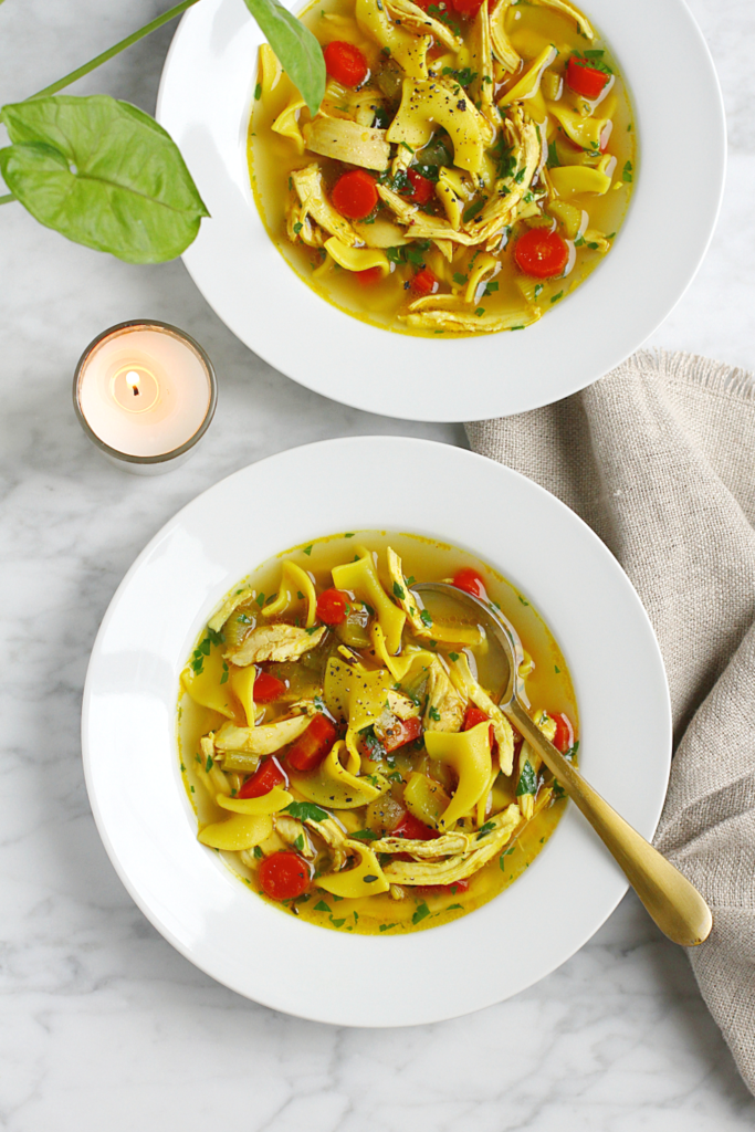 Image of chicken noodle soup with homemade broth.