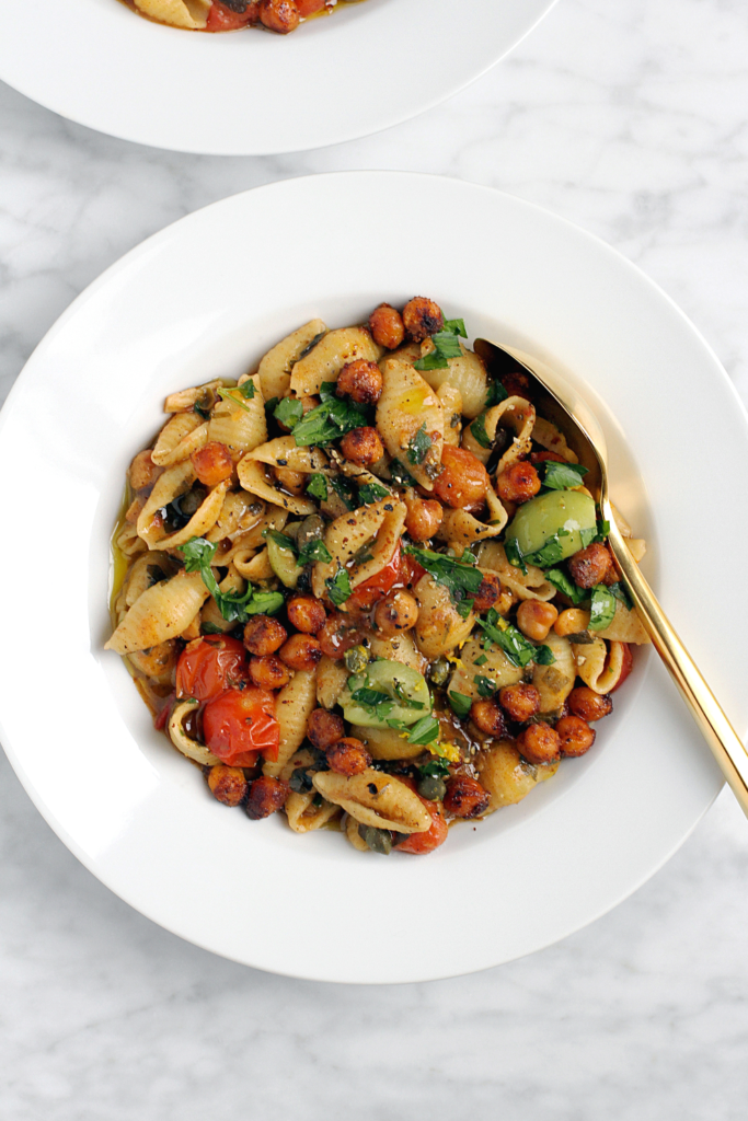 Close-up image of one-pot pasta puttanesca.