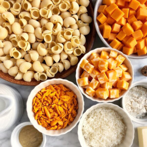 Image of ingredients for triple cheese macaroni and cheese.