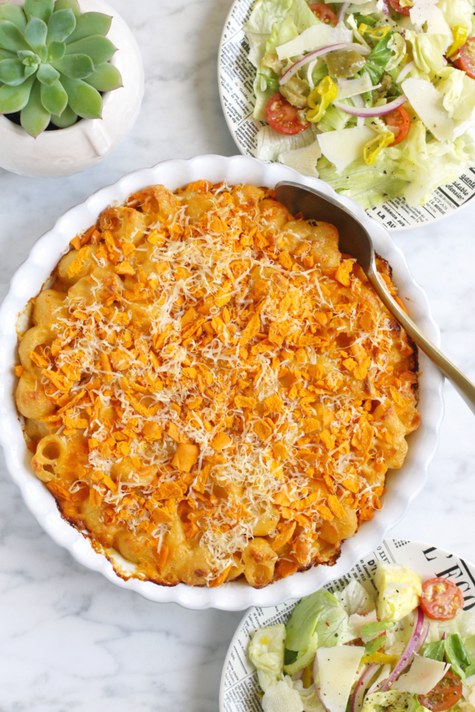 Image of triple cheese macaroni and cheese from the top.