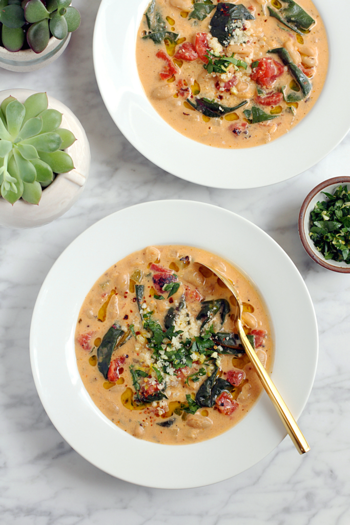 Image of fire-roasted tomato and white bean soup.