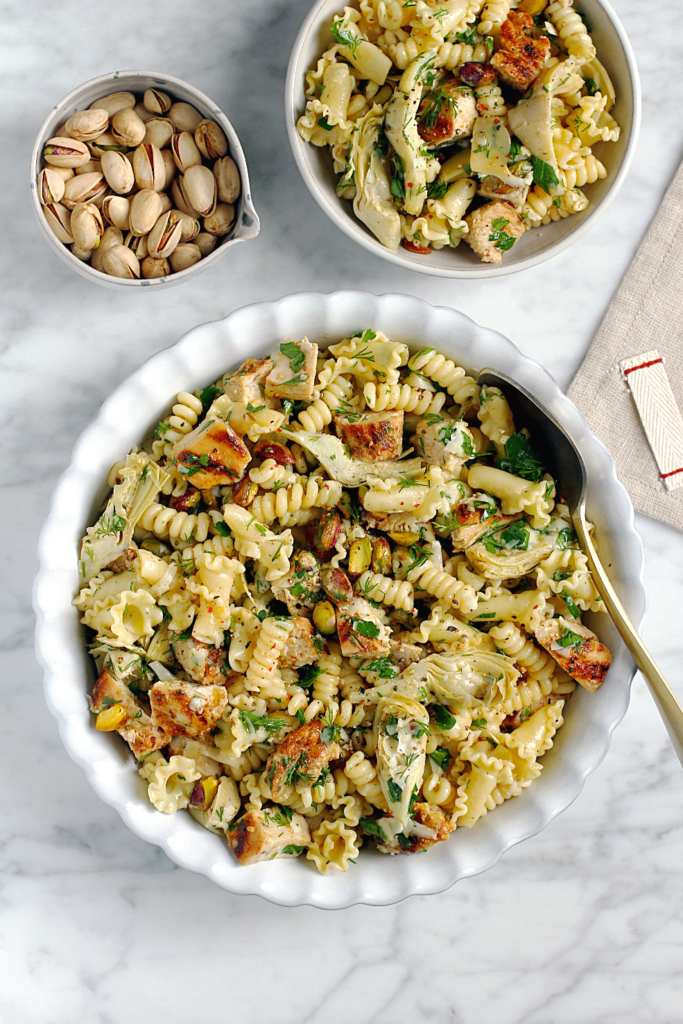 Image of chicken and artichoke pasta salad.