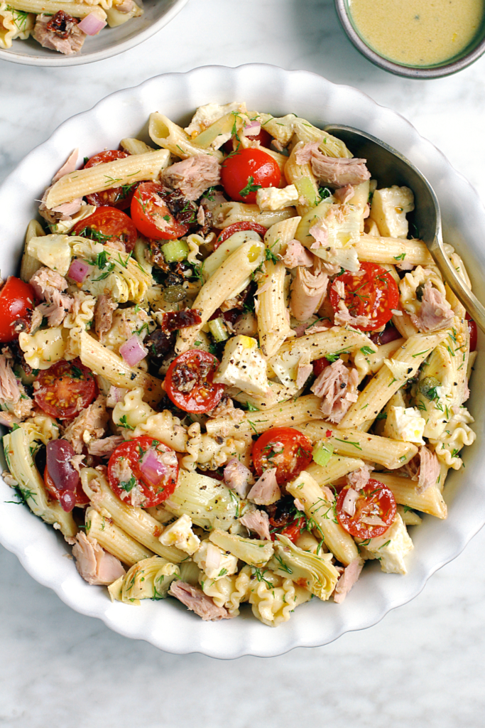 Close-up image of no-mayo tuna pasta salad.