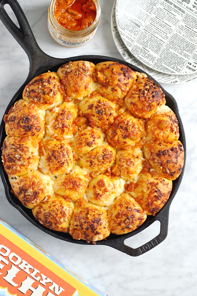 Image of roasted garlic achaar and cheddar pull-apart bread.