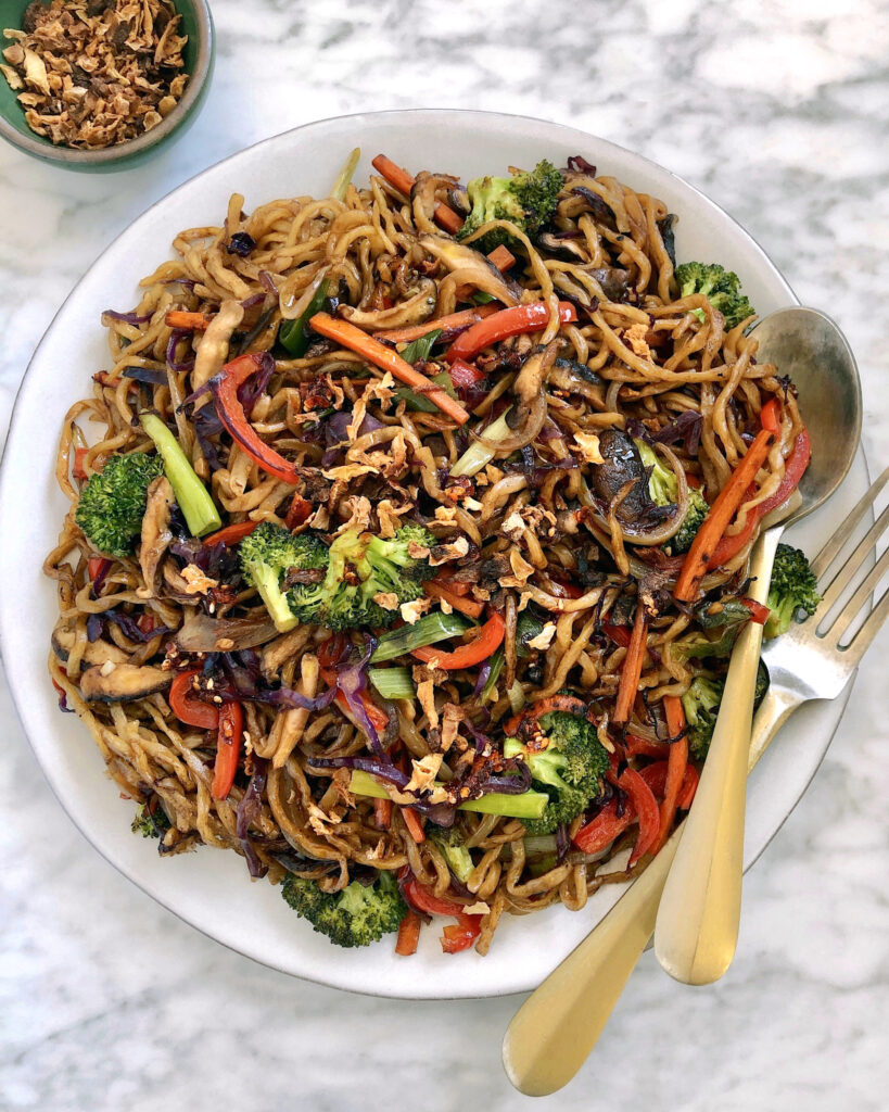 Close-up image of vegetable lo mein.