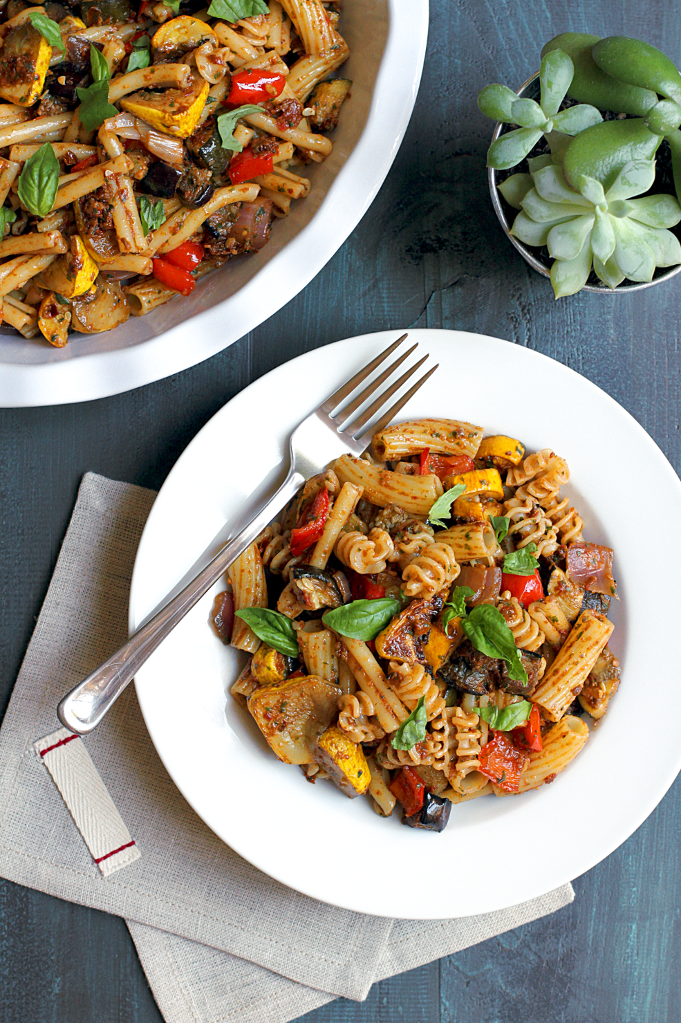 Pasta with Roasted Vegetables and Sun-Dried Tomato Pesto - Two of a Kind