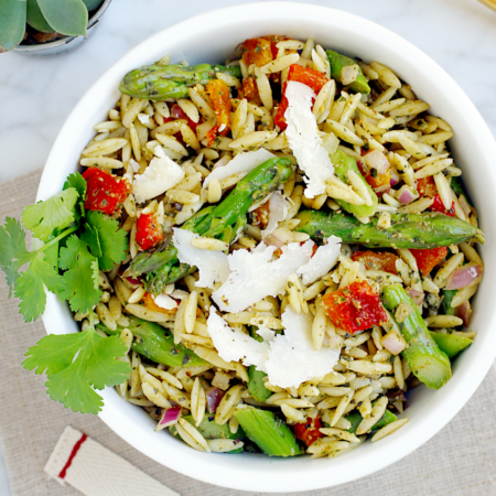 Orzo Pasta Salad with Basil Pesto and Parmesan Cheese - Two of a Kind